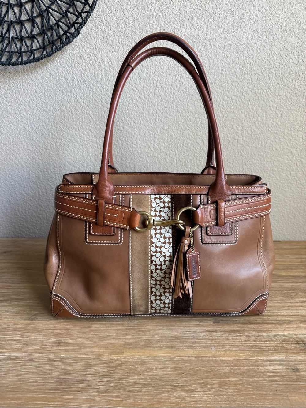 Coach Brown Large Leather Shoulder Tote with Signature Stripe 10552